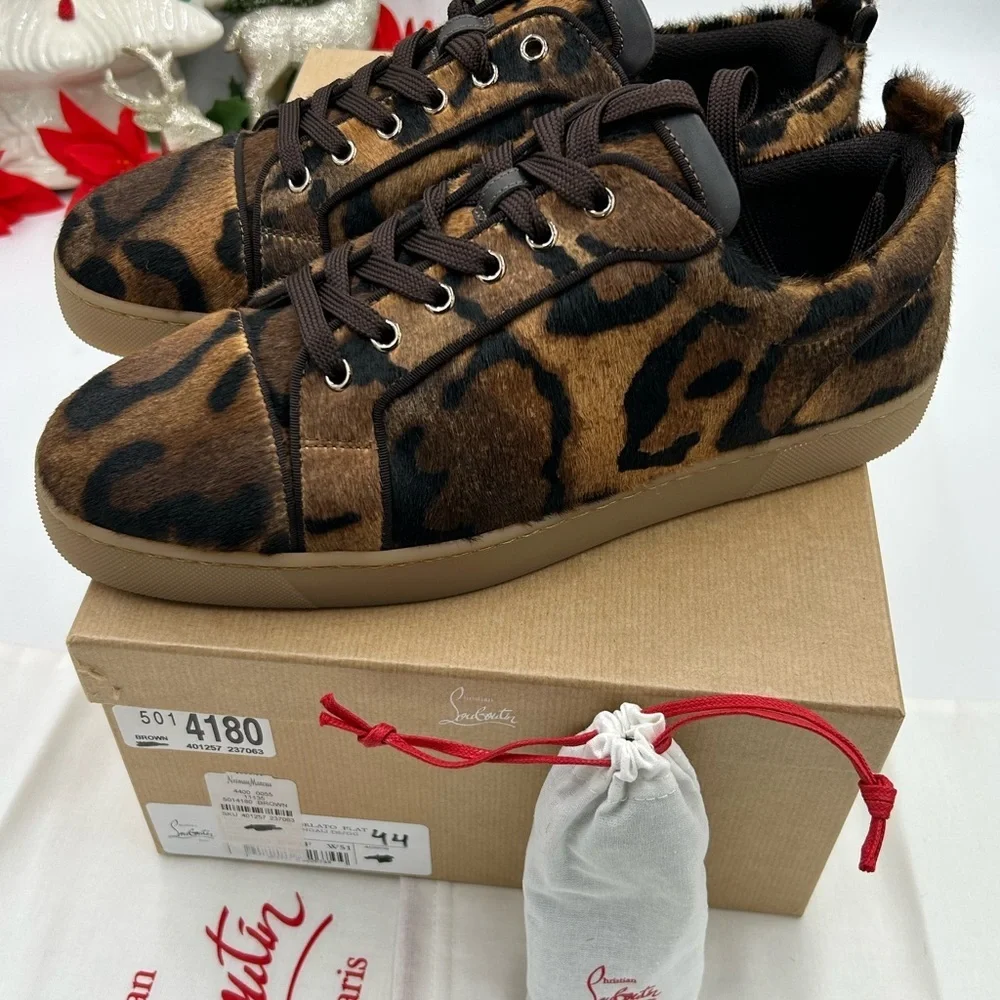 Men's Christian Louboutin, Louis Jr leopard print leather sneakers size 44
